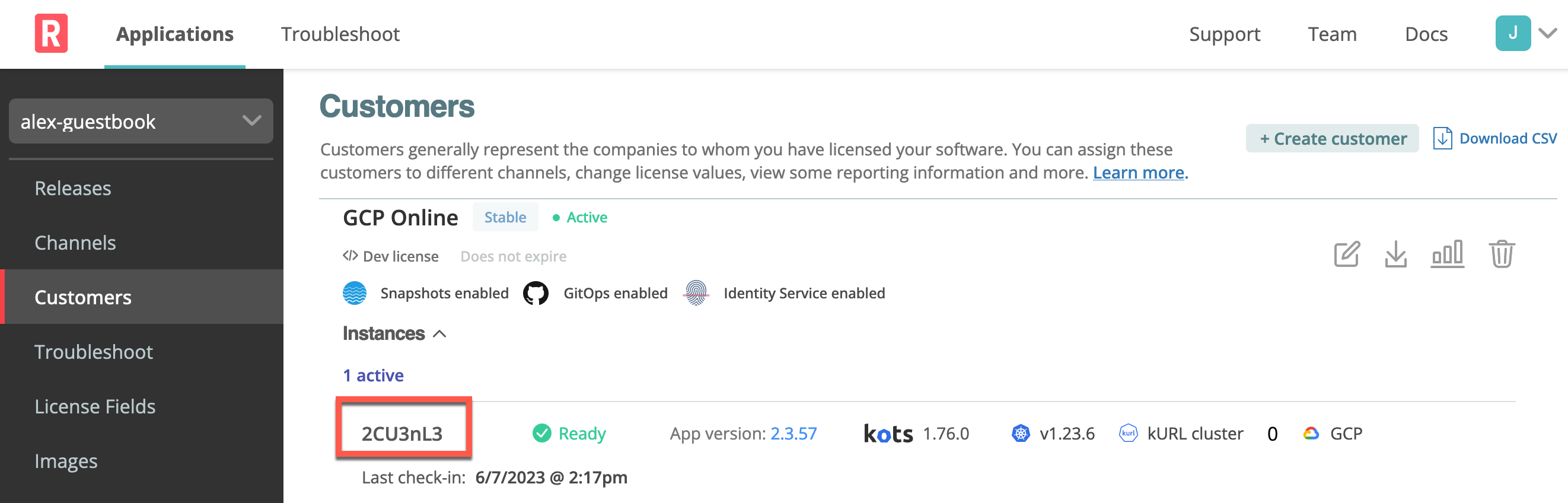 Customer instances list in the Vendor Portal